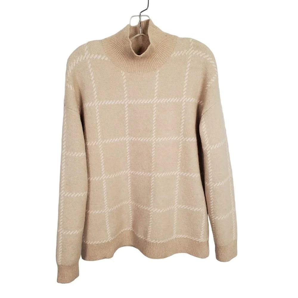 Rachel Zoe Size L Sweater Wool Blend Metallic Sparkle Mock Neck Thick Knit Tan - Picture 2 of 6